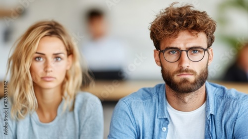 A man and woman, depicting focus and determination, stare directly at the camera, embodying concentration and intensity, against a blurred office setting.