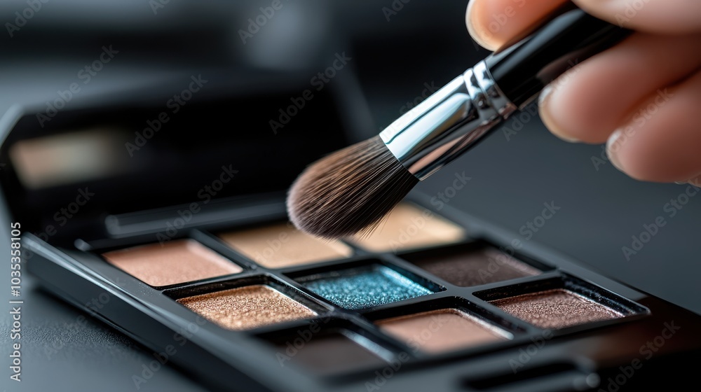 A makeup brush is poised above an eyeshadow palette under bright lighting, showcasing the palette's diverse colors and emphasizing artistry and beauty trends. A makeup brush is poised above an eyeshadow palette under bright lighting, showcasing the palette's diverse colors and emphasizing artistry and beauty trends.
