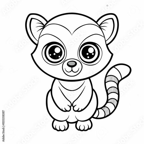 Minimalist kawaii lemur illustration perfect for children's coloring books, featuring a cute and simple design on a white background.
