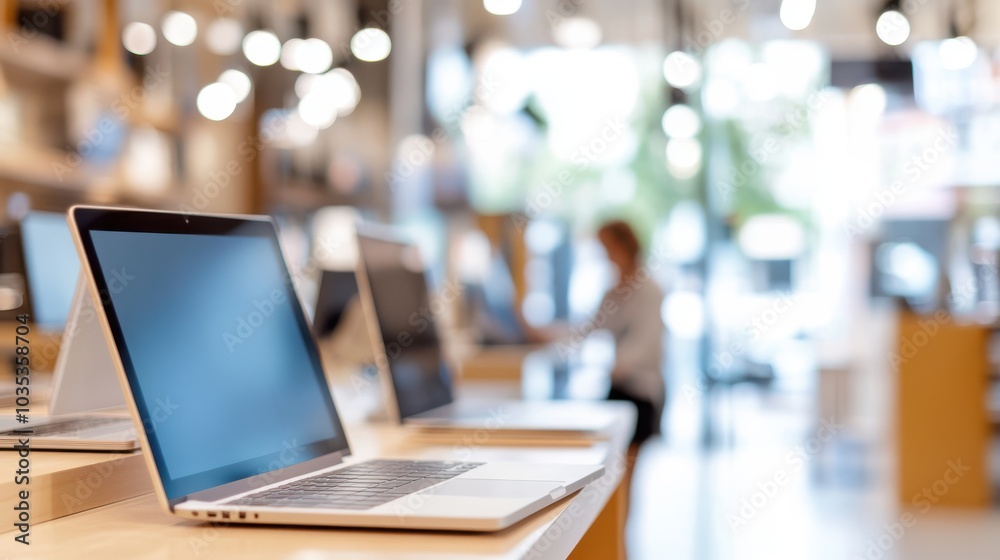An image of various laptops showcased in a well-lit and trendy tech store, focusing on the sleek and modern design of the electronic devices available for consumers. An image of various laptops showcased in a well-lit and trendy tech store, focusing on the sleek and modern design of the electronic devices available for consumers.