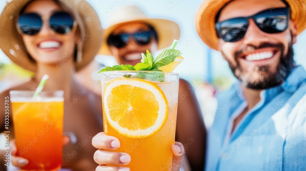 A group of vacationers in sun hats enjoying refreshing cocktails on a bright sunny beach day, representing relaxation, sunny vibes, and leisurely vacation spirit. A group of vacationers in sun hats enjoying refreshing cocktails on a bright sunny beach day, representing relaxation, sunny vibes, and leisurely vacation spirit.