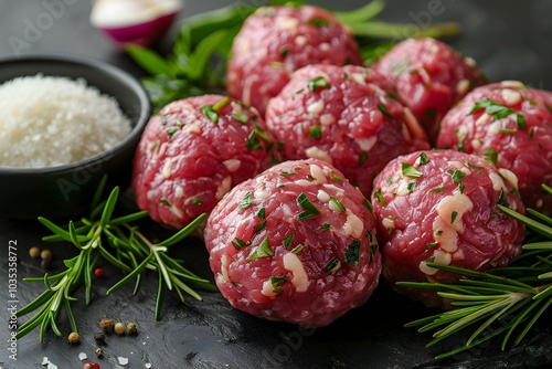 Freshly Prepared Raw Meatballs with Herbs on a Black Stone Surface