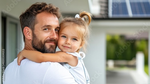 A father holds his daughter with a warm smile outside their solar-powered home, illustrating a sense of familial love and commitment to sustainable living practices. photo