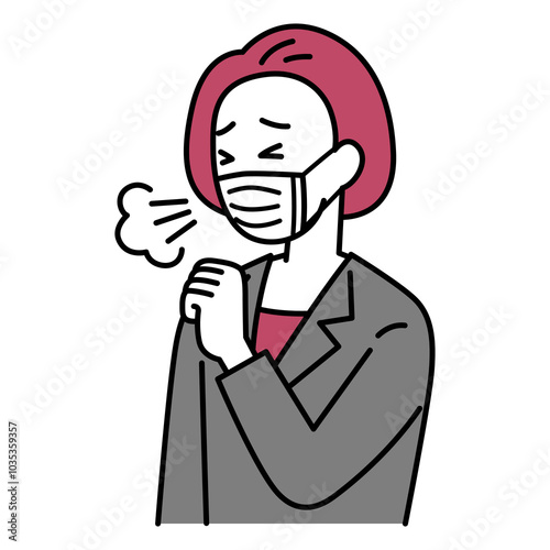 マスクをして咳をする中年のスーツの女性