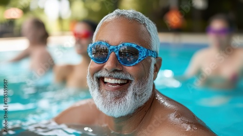 Joyful image of a smiling man wearing blue goggles enjoying his time swimming in a pool, capturing the sports activity and relaxation in the water.