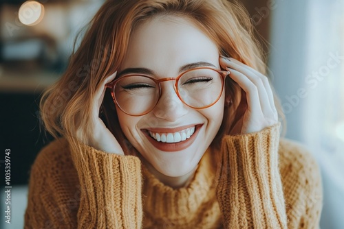 Joyful Woman Adjusting Her Glasses with a Smile