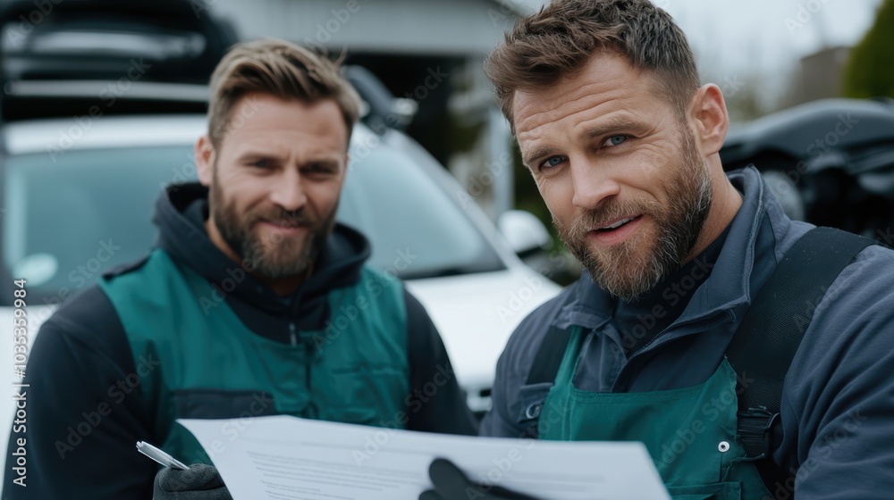 Two men wearing green vests stand outside near a car, examining and discussing a set of papers, implying teamwork and collaboration in a work setting. Two men wearing green vests stand outside near a car, examining and discussing a set of papers, implying teamwork and collaboration in a work setting.