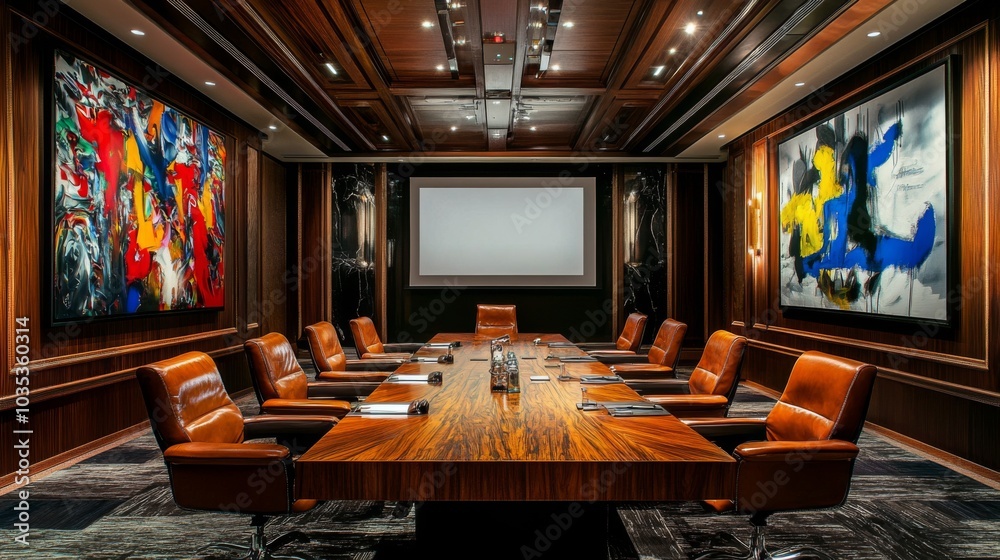 Modern Conference Room with Abstract Art and Wooden Table Modern Conference Room with Abstract Art and Wooden Table