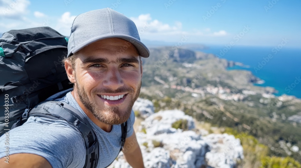 A bearded hiker wearing a grey cap smiles for a selfie with a breathtaking view of the sea and rocky coastline, emphasizing a sense of achievement and peace. A bearded hiker wearing a grey cap smiles for a selfie with a breathtaking view of the sea and rocky coastline, emphasizing a sense of achievement and peace.