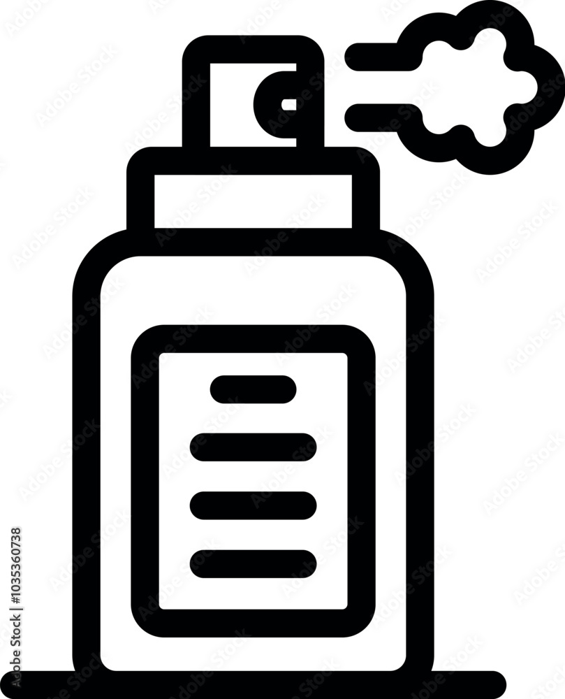 Simple bold outline icon of a spray bottle releasing a jet of vaporized liquid Simple bold outline icon of a spray bottle releasing a jet of vaporized liquid