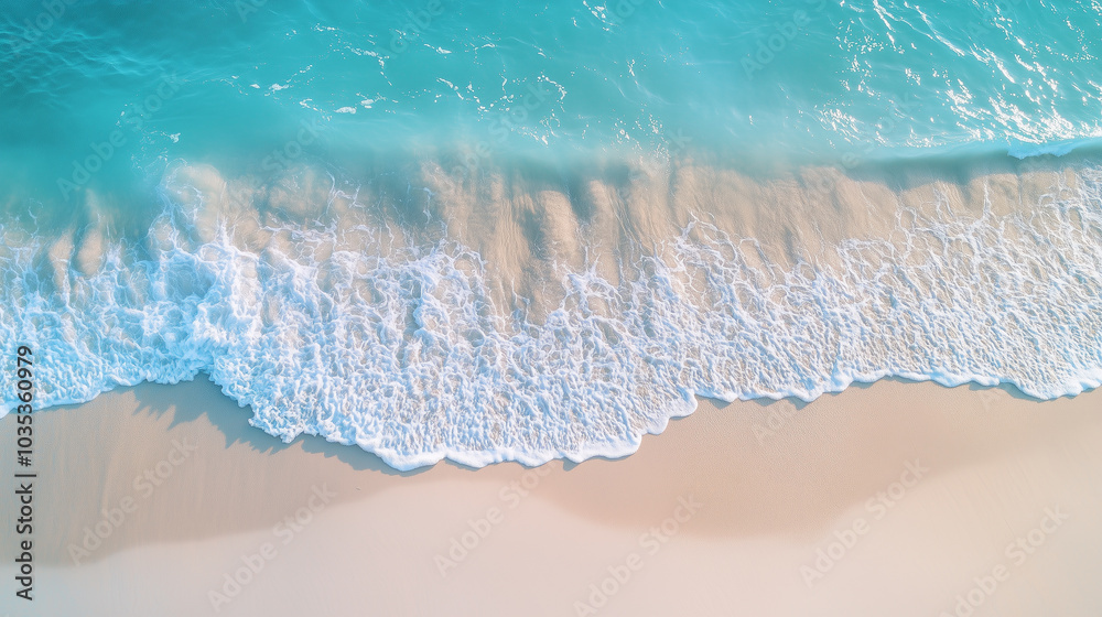 Smooth white sand on beach with turquoise blue waves and copy space for text, summer vacation concept, top view Smooth white sand on beach with turquoise blue waves and copy space for text, summer vacation concept, top view