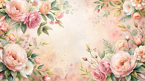 Pink floral border with watercolor flowers