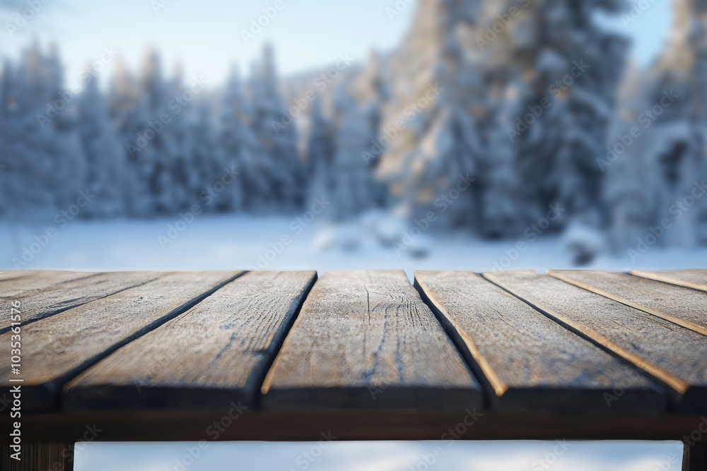 Empty wooden tabletop with blurred winter snow landscape background for seasonal and nature design Empty wooden tabletop with blurred winter snow landscape background for seasonal and nature design