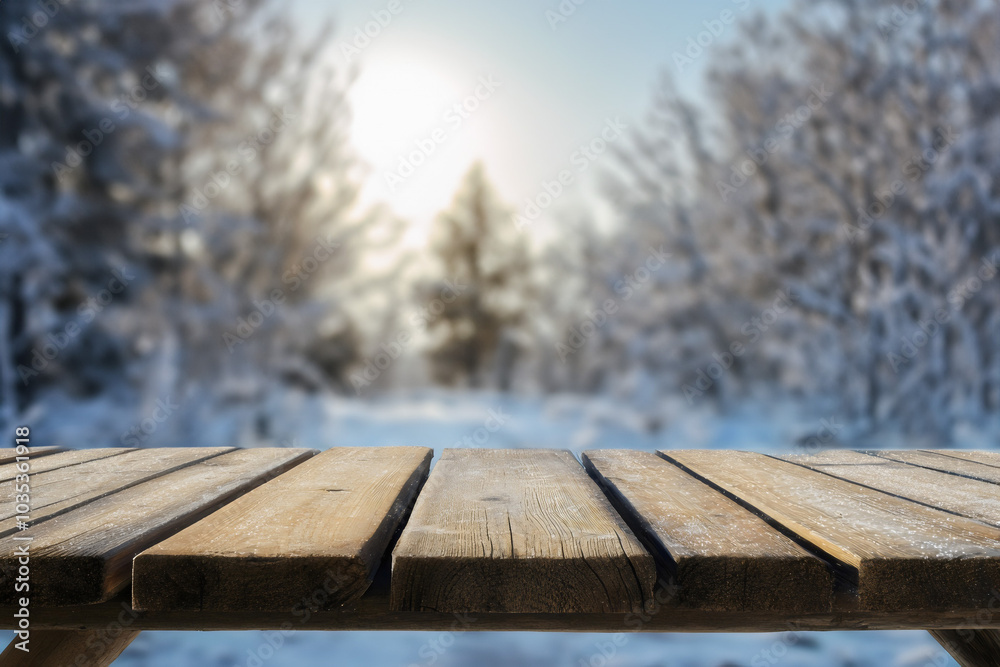 Fototapeta premium Empty wooden table top with blurred winter forest background for product display and presentation