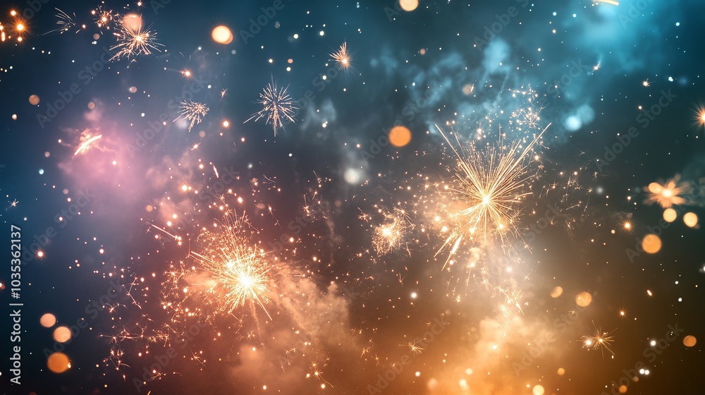 Fototapeta premium Bright golden fireworks exploding in night sky