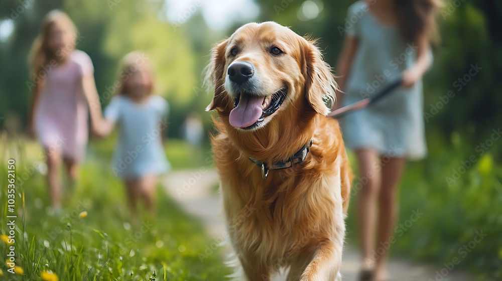 A dog is running in a field with two children A dog is running in a field with two children