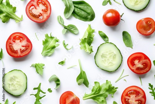 Fresh sliced tomatoes, cucumbers, and lettuce leaves on a white background.