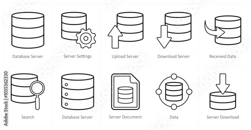 A set of 10 mix icons as database server, server settings, upload server