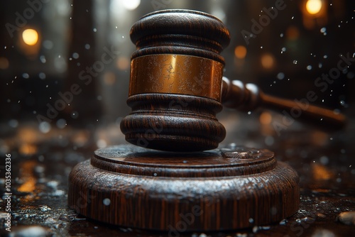 Wooden Gavel on Block in Dark Courtroom Highlighting Legal Judgment and Authority photo