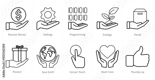A set of 10 mix icons as receive money, settings, programming