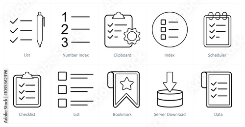 A set of 10 mix icons as list, number index clipboard