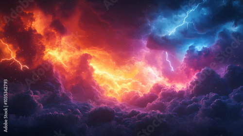 Clouds with colorful lightning in a stormy landscape. A storm is raging in the skies, illuminating masses of thunderclouds with flashes.