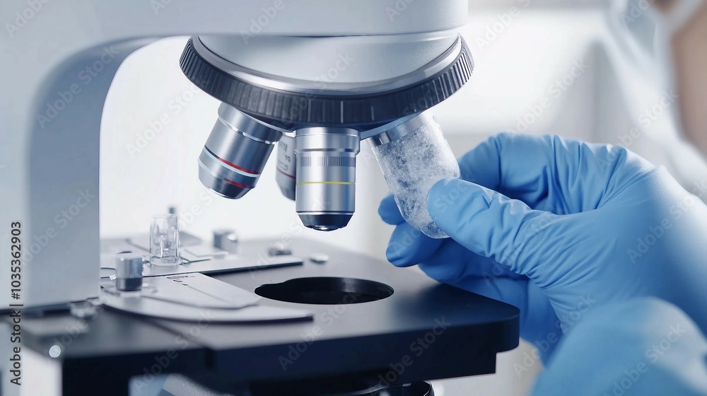 Scientist Holding Sample Under Microscope Scientist Holding Sample Under Microscope