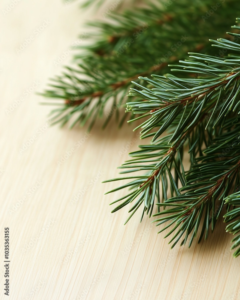 Evergreen fir tree branch lying on wood background Evergreen fir tree branch lying on wood background