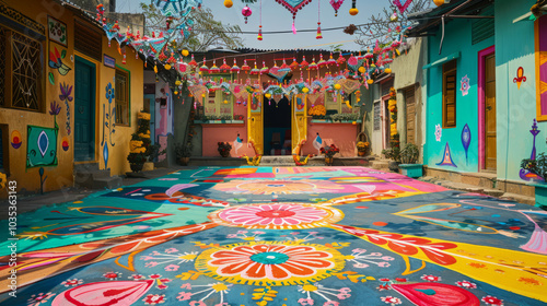 A traditional Indian village adorned with colorful rangoli patterns and festive decorations