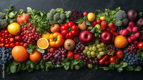 Vibrant Fresh Fruit Selection with Citrus, Berries, Apples, and Leafy Greens for a Healthy Diet