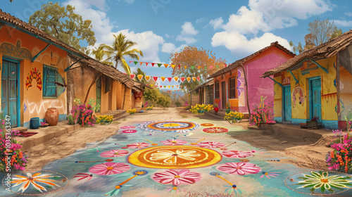 A traditional Indian village adorned with colorful rangoli patterns and festive decorations