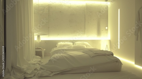 Minimalist guest room, soft lighting