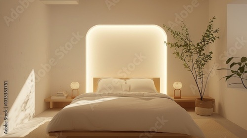 Minimalist guest room, soft lighting