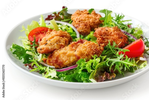 Crispy fried chicken pieces on a bed of fresh salad with tomato and onion.