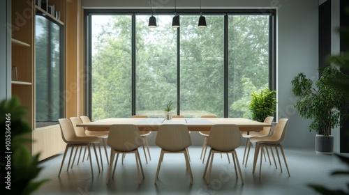 Modern Conference Room with Wooden Table, Chairs, and Plants