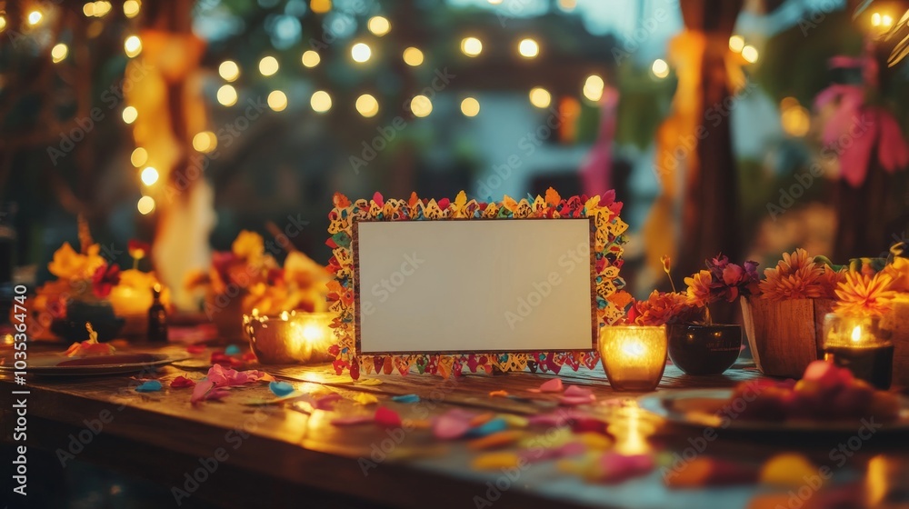 An empty scene featuring a blank mockup template framed by flickering lights, flower petals, and traditional papel picado, An empty scene featuring a blank mockup template framed by flickering lights, flower petals, and traditional papel picado,