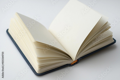 Blank notebook opened on a flat surface in a well-lit room