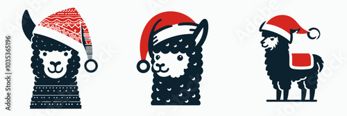 Cheerful Alpaca in a Red Santa Hat