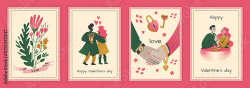 Happy Valentines day. Spring holiday card or poster collection. Romantic relationships, couple hugging. Botanical decor. Man and woman in cafe on date. Vector cartoon flat style isolated illustration