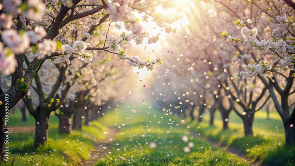 Double Exposure Blossoms Falling in a Blooming Orchard - Slow Motion Natural Scene Double Exposure Blossoms Falling in a Blooming Orchard - Slow Motion Natural Scene