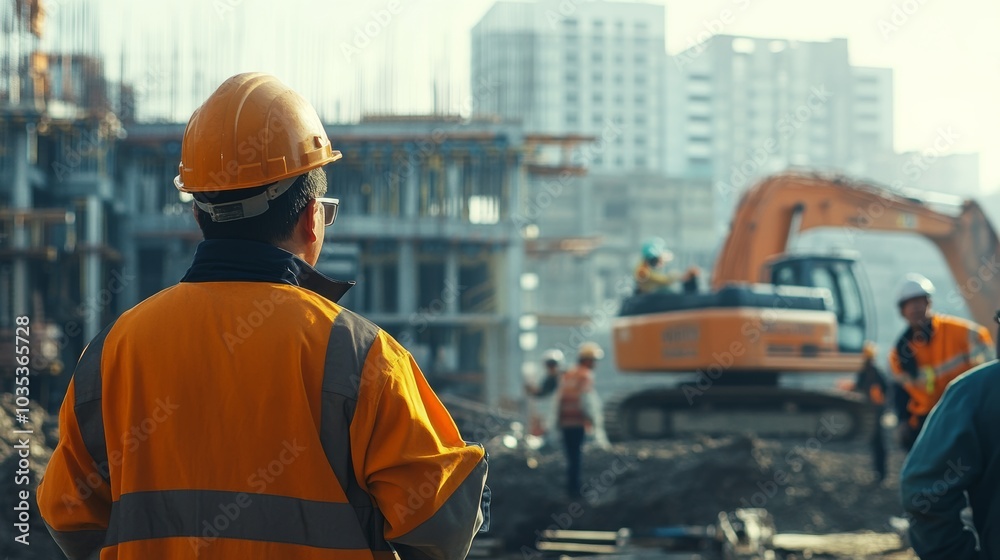 A construction site supervisor giving instructions to workers with machinery in the background, Construction site scene, Commanding and active style A construction site supervisor giving instructions to workers with machinery in the background, Construction site scene, Commanding and active style