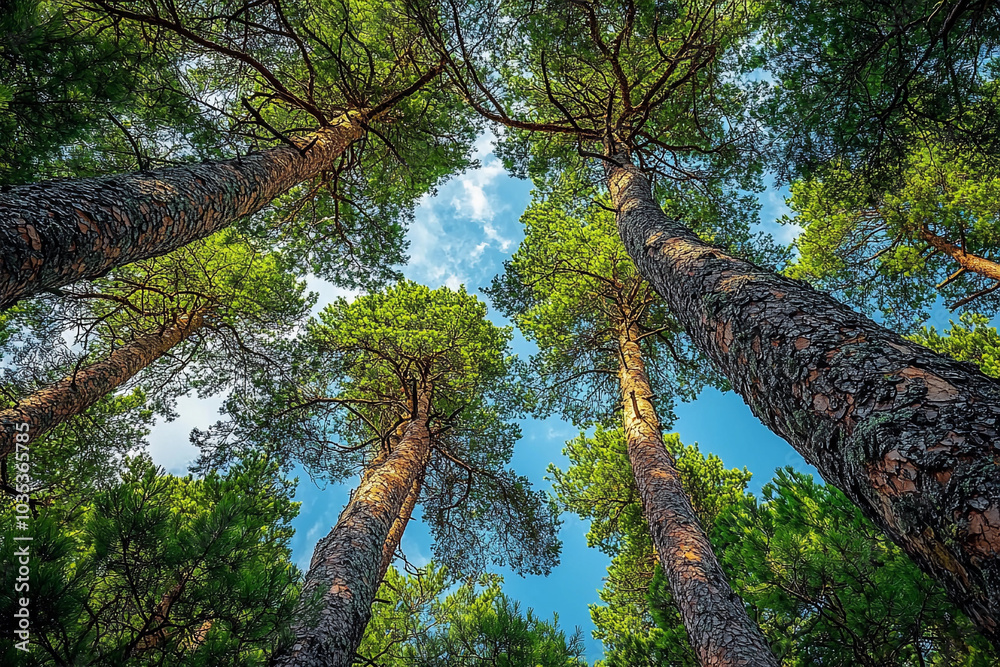 Fototapeta premium Tall pine trees reaching towards a clear sky in a forest setting