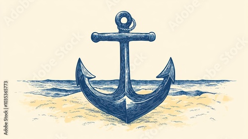 A detailed illustration of an anchor resting on sand with the ocean in the background. photo