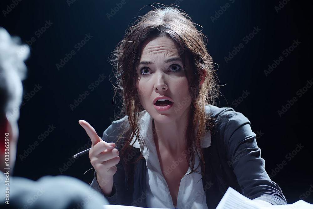 Fototapeta premium Serious businesswoman in black dress asks questions before signing a confidential MOU worth hundreds of millions with the board of directors in a mysterious atmosphere in a black room.