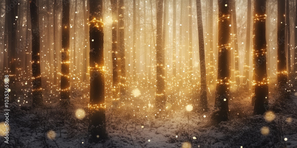 A magical winter forest scene with twinkling lights wrapped around trees and snow gently falling, evoking a dreamy, festive feeling. A magical winter forest scene with twinkling lights wrapped around trees and snow gently falling, evoking a dreamy, festive feeling.