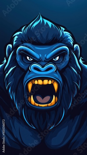 A stylized blue gorilla head with an aggressive expression and sharp teeth. photo