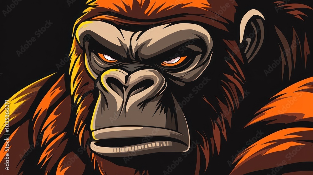 Naklejka premium A stylized illustration of a fierce-looking gorilla with intense eyes and vibrant colors.