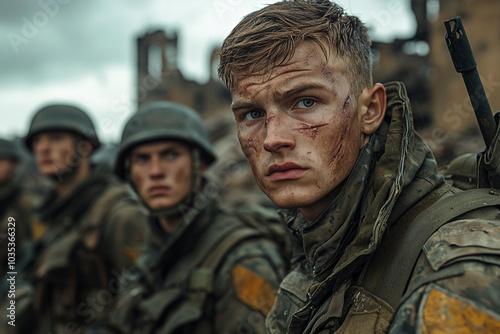 Young soldiers in fatigues showing determination after battle