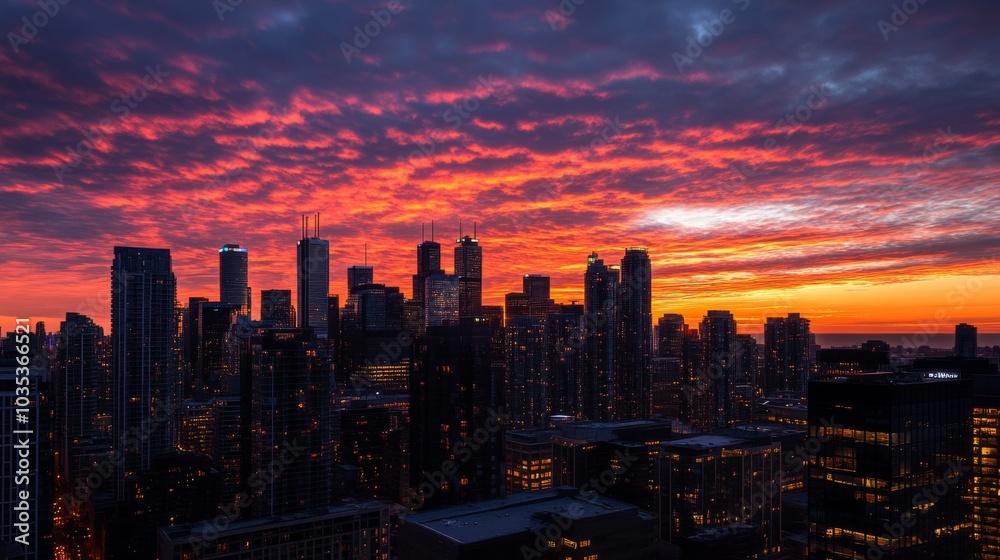Fototapeta premium Cityscape Skyline with Dramatic Red Sunset Sky