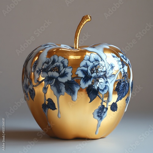 a super shiny solid gold apple, a melted blue china pattern liquid dripping over the apple. Luxurious gold apple with blue floral porcelain pattern photo